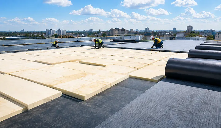 Mineral wool insulation boards in a commercial roofing application