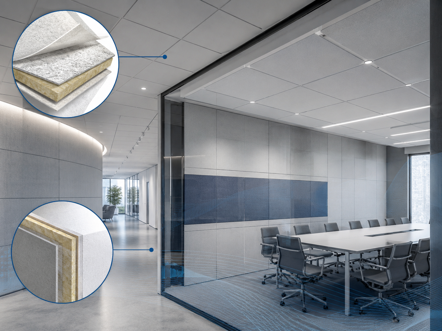 Application context visual for acoustic ceiling tiles wall panels and public spaces