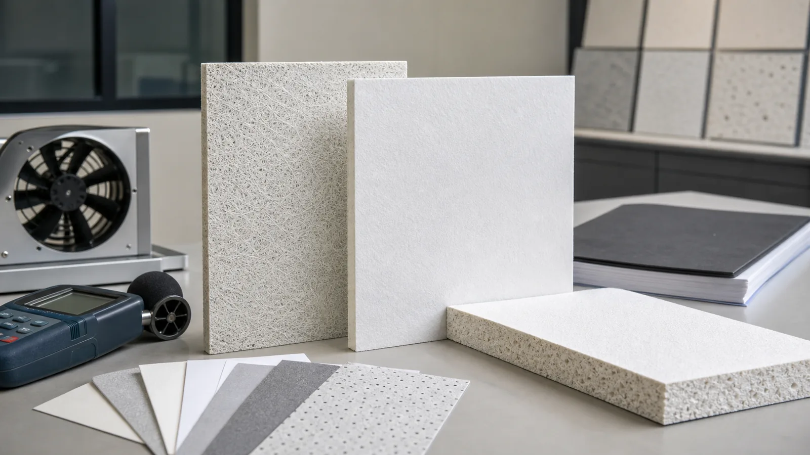 Acoustic fiberglass facer samples reviewed for airflow, surface hiding and document scope.