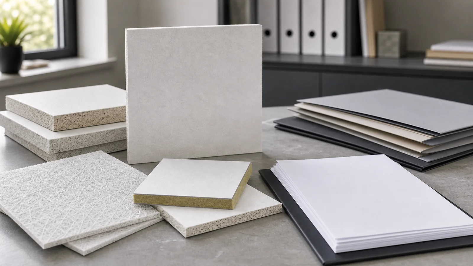 Document folders and fiberglass facer samples arranged for ISO fire EPD REACH and PFAS evidence review.