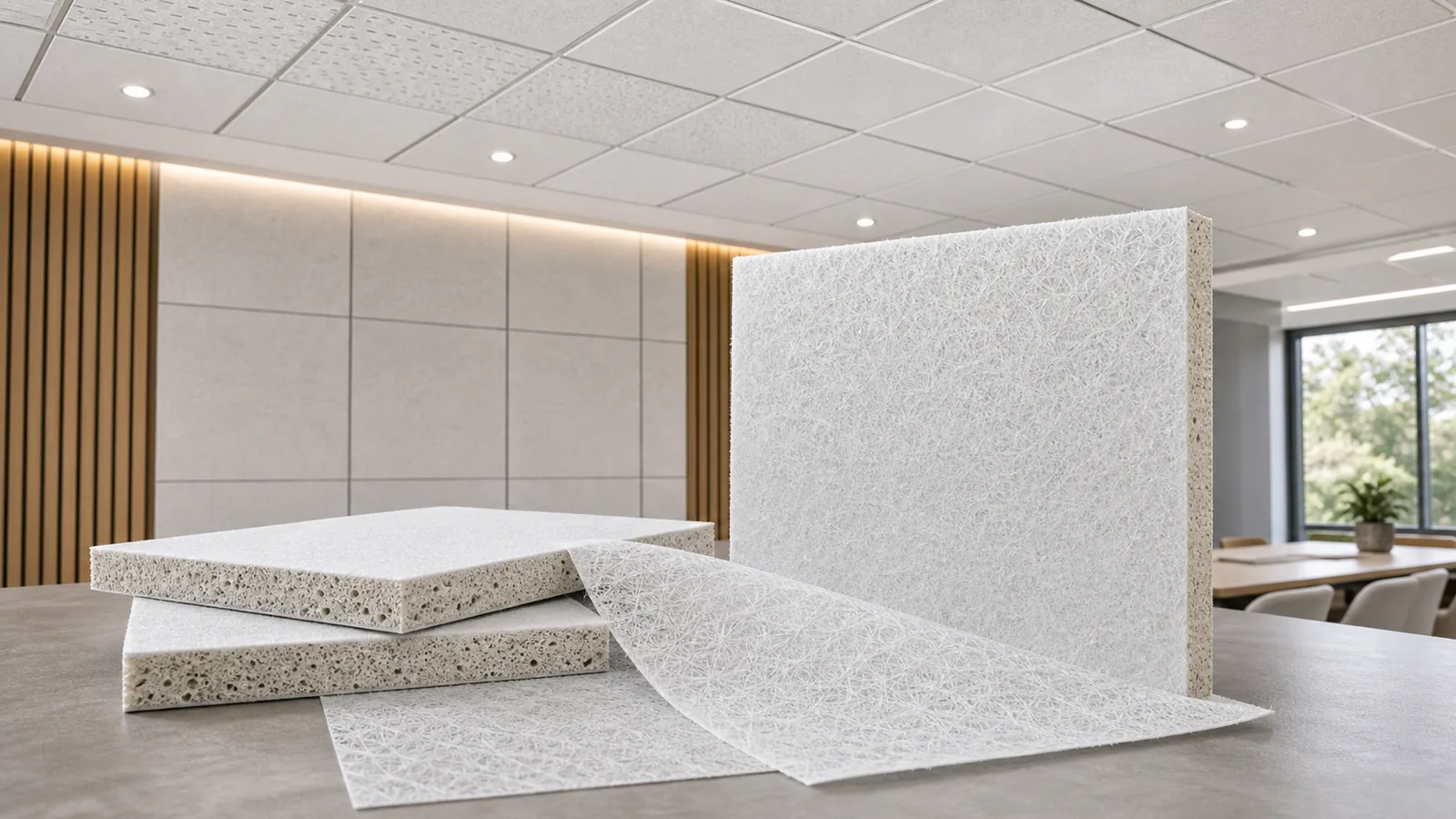 Fiberglass facer sample shown with acoustic ceiling and wall panel board application context.