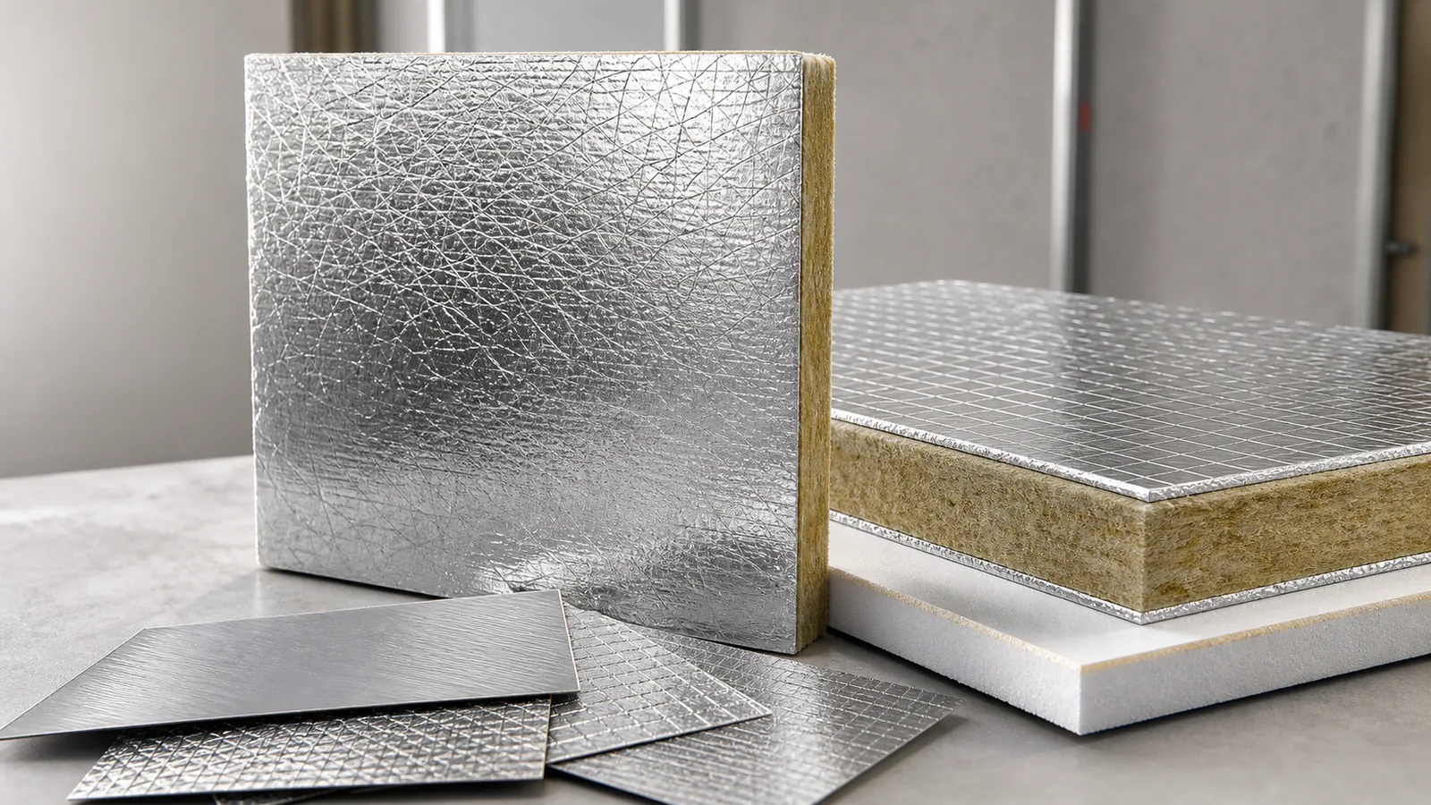 Foil-composite insulation facer sample reviewed for reflective surface direction and board application fit.