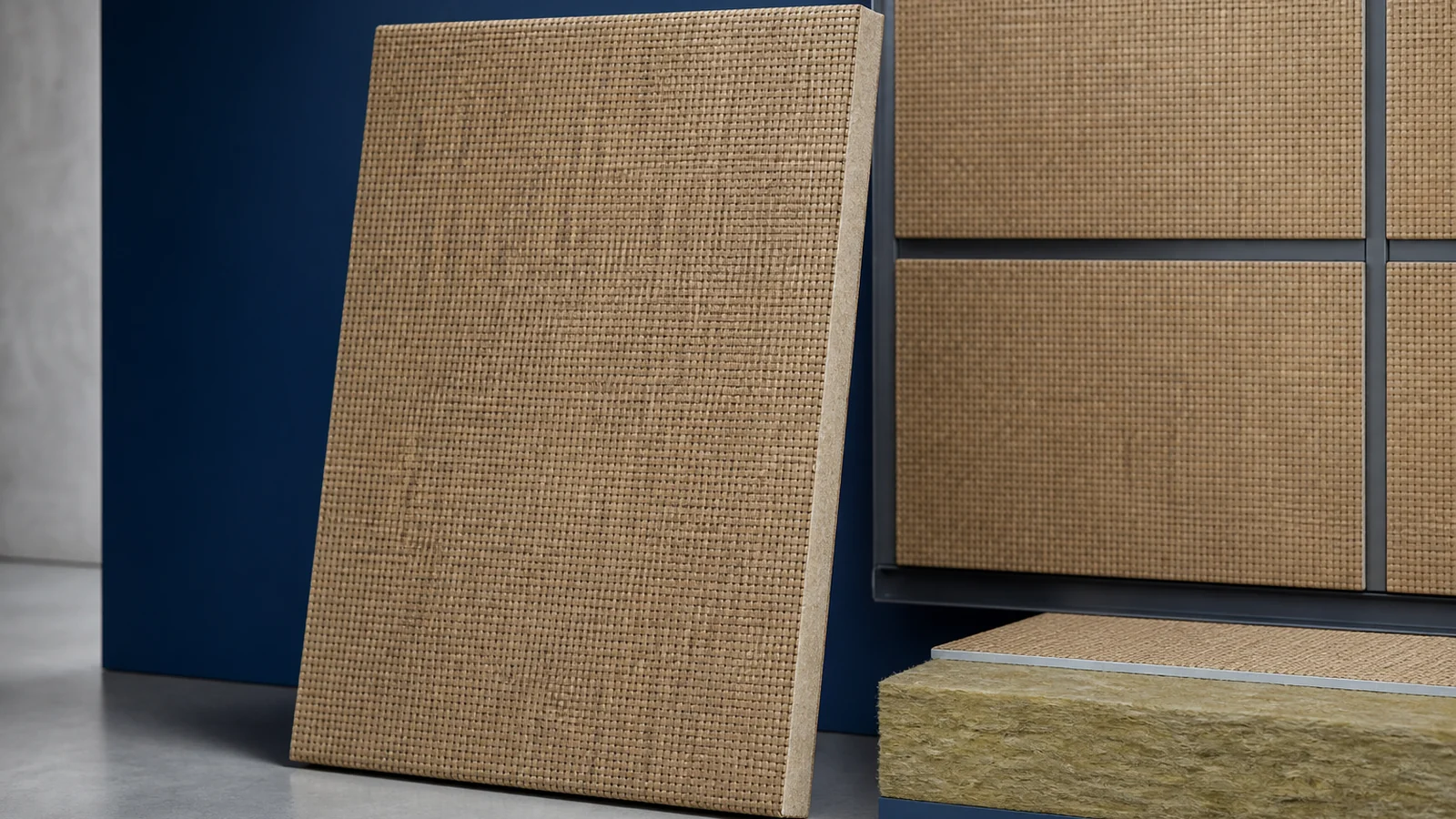 Wood-Look Fiberglass Fabric Acoustic Facing applied to an acoustic or insulation board surface.