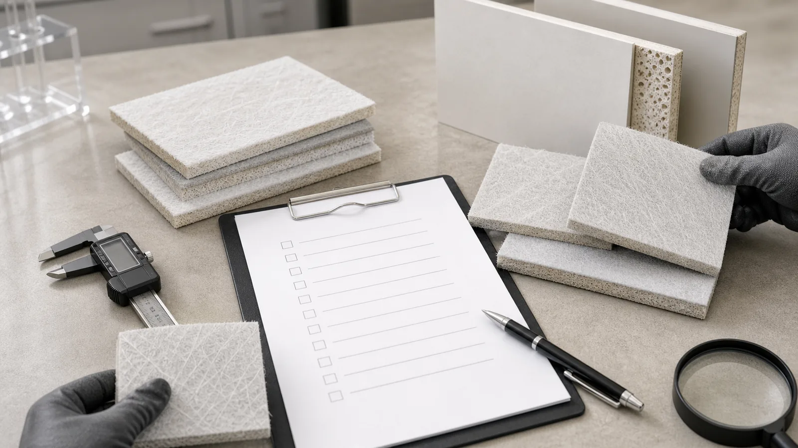 Fiberglass facer samples and board cross-sections arranged for buyer-side sample review.
