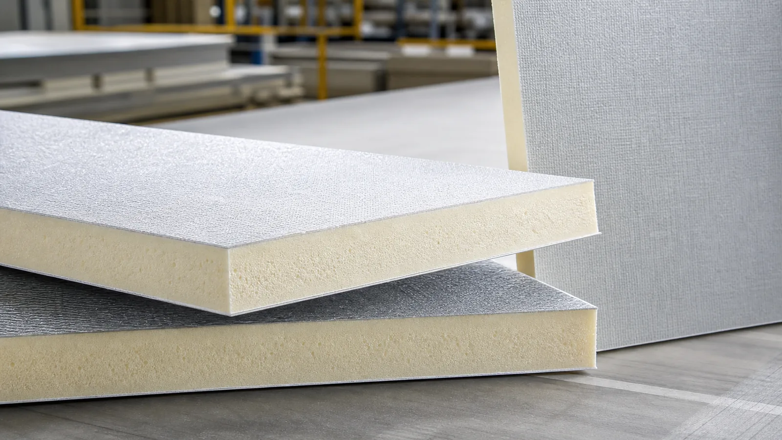 Glass facer layer shown on rigid PIR/PUR foam board samples.