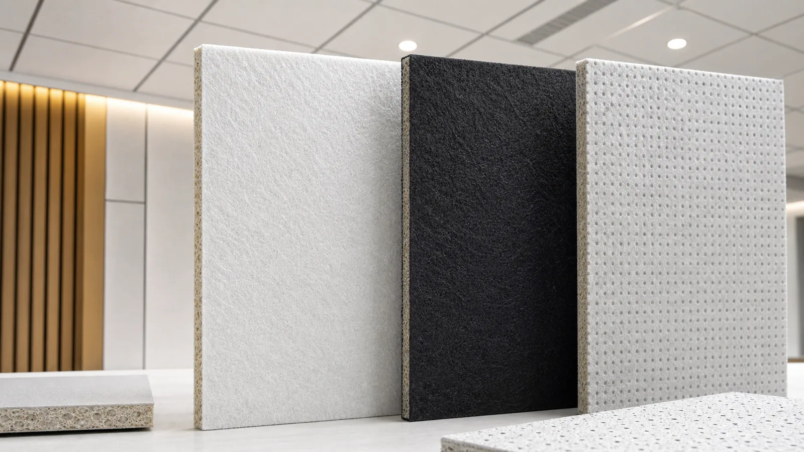 White, black and dotted acoustic fiberglass facer samples arranged for surface direction comparison.