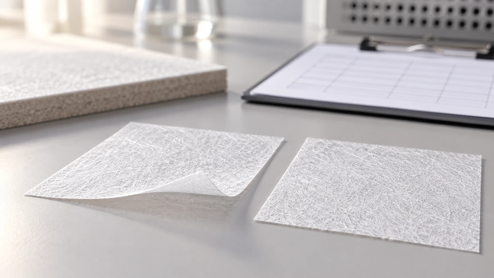 Deux échantillons fins de voile de verre acoustique posés devant un panneau et une fiche de comparaison