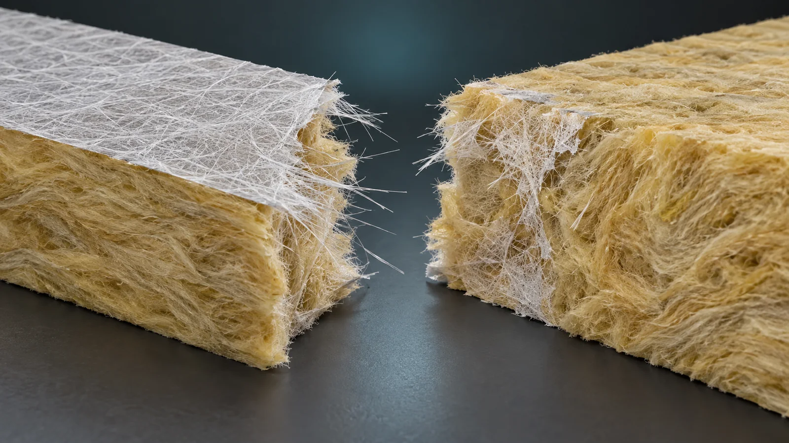 Schematische breukvlakken van glasvliesbekleding en minerale wol naast elkaar
